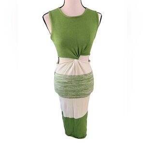One And Only Collective Green Striped Twist Front Cutout Bodycon Slit Dress Med